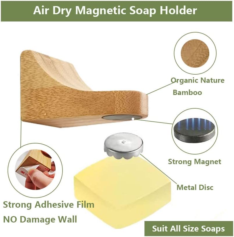 2sets Wood Magnetic Bar Soap Holder for Shower Wall,Magnet Air Dry Soap Saver Self Draining, Eco-Friendly Wooden Soap Dish for Soaps & Beard Shampoo Bars