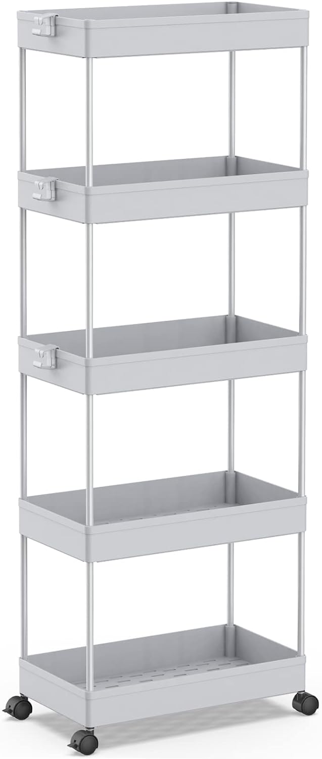 SPACEKEEPER 5-Tier Rolling Cart, Bathroom Storage Organizer Utility Cart, Mobile Shelving Unit Slide Out Shelves for Kitchen Living Room Laundry Room & Dressers, Black