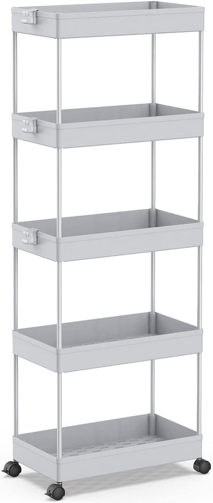 SPACEKEEPER 5-Tier Rolling Cart, Bathroom Storage Organizer Utility Cart, Mobile Shelving Unit Slide Out Shelves for Kitchen Living Room Laundry Room & Dressers, Black