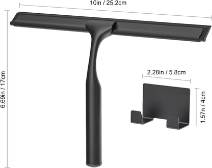 Stainless Steel Shower Squeegee for Glass Doors, Multi-Purpose Squeegee for Shower Glass, Bathroom and Car Windows, Squeegee with Adhesive Hook-10”, Black