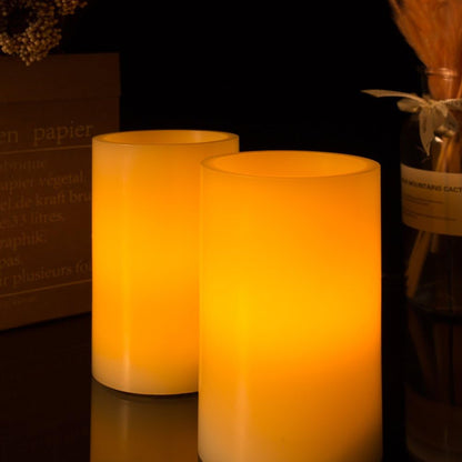 Homemory 9" x 3" Flameless Candles Battery Operated, Flickering LED Pillar Candles with Timers and 2 Remote Controls, Indoor Only, Flat Top, Ivory White Wax, Set of 2