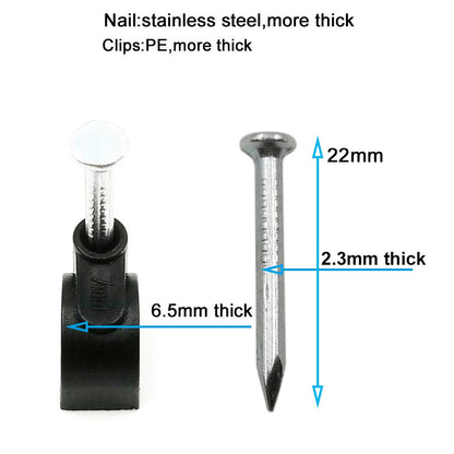 HS 7mm Ethernet Cat6 Cable Clips Clamps RG6 with Steel Nail (200 Pack) Wire Clips Black for Wall,Cord Management