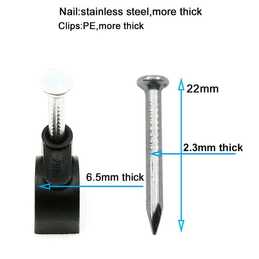 HS 7mm Ethernet Cat6 Cable Clips Clamps RG6 with Steel Nail (200 Pack) Wire Clips Black for Wall,Cord Management