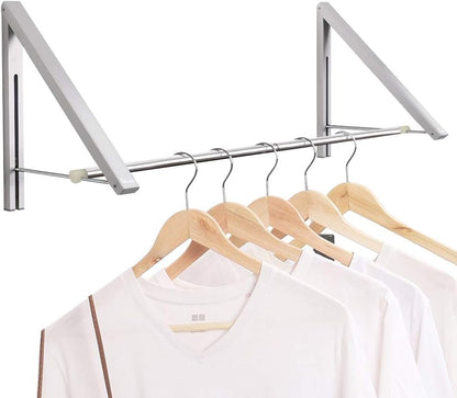 Laundry Room Drying Rack Wall Mounted Clothes Hanger Folding Wall Coat Racks Aluminum Home Storage Organiser Space Savers White 2 Rakcs with Rod