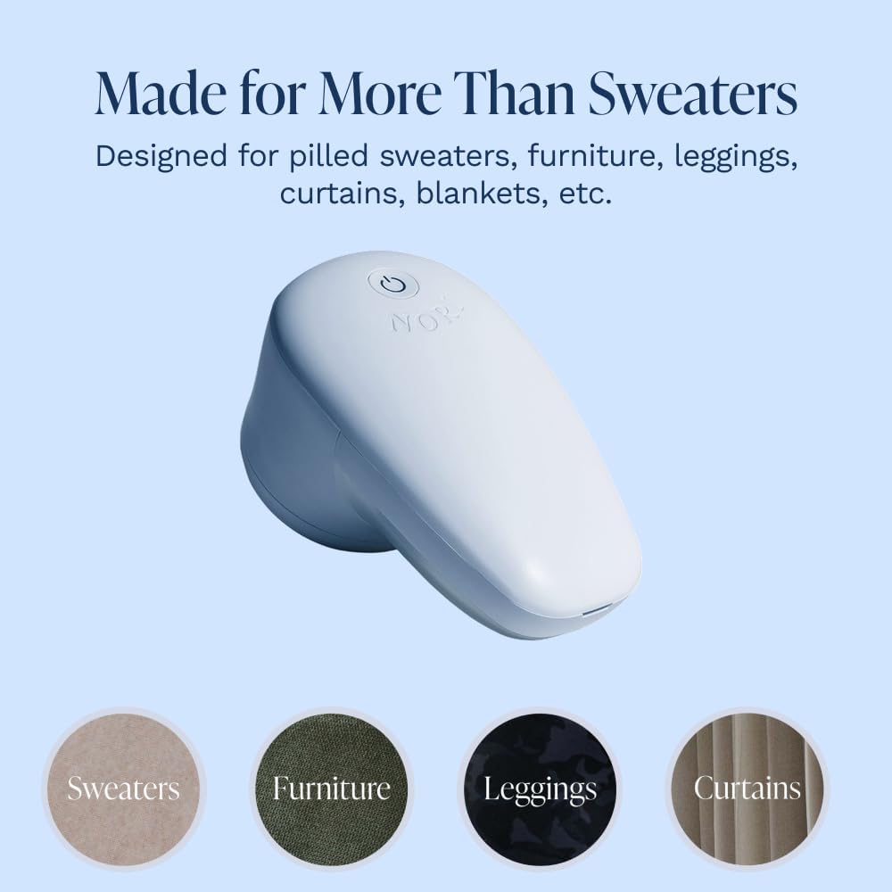 Nori Trim Fabric Shaver - Lint Remover for Clothes & Furniture Couch Pilling - Sweater Pill Remover - Clothes Shaver with 6 Precision Blades - Wireless and Rechargeable - White