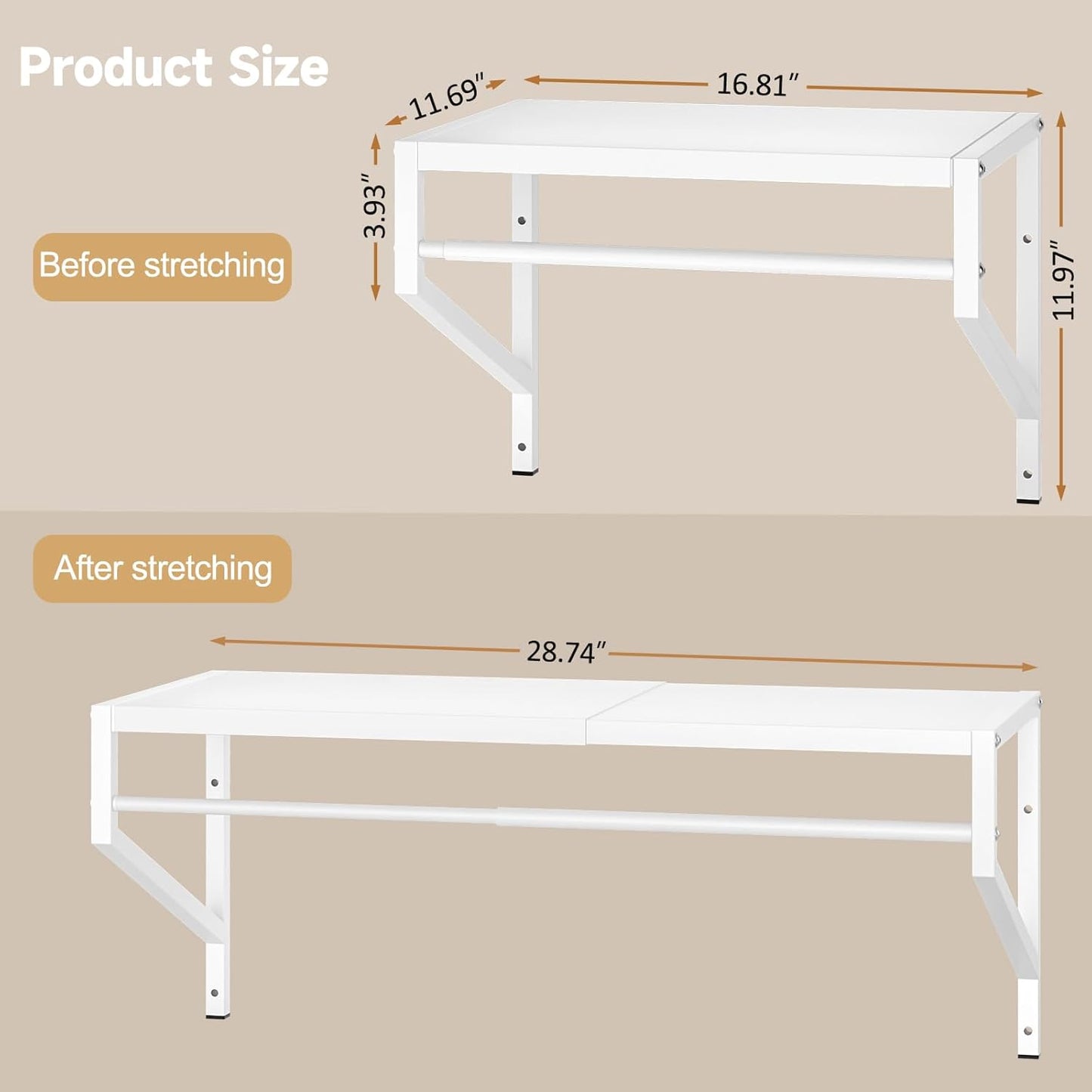 ThreeHio Expandable Closet Shelves Wall Mounted, 2 Pack Closet Shelving with Hanging Rods, Wall Shelving for Walk-in Closet, Hanging Shelves Organizer and Storage for Closet, Laundry