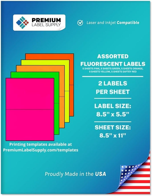 Premium Label Supply Bright Neon Color Fluorescent Stickers - Assorted, 50 Labels (8.5" x 5.5")
