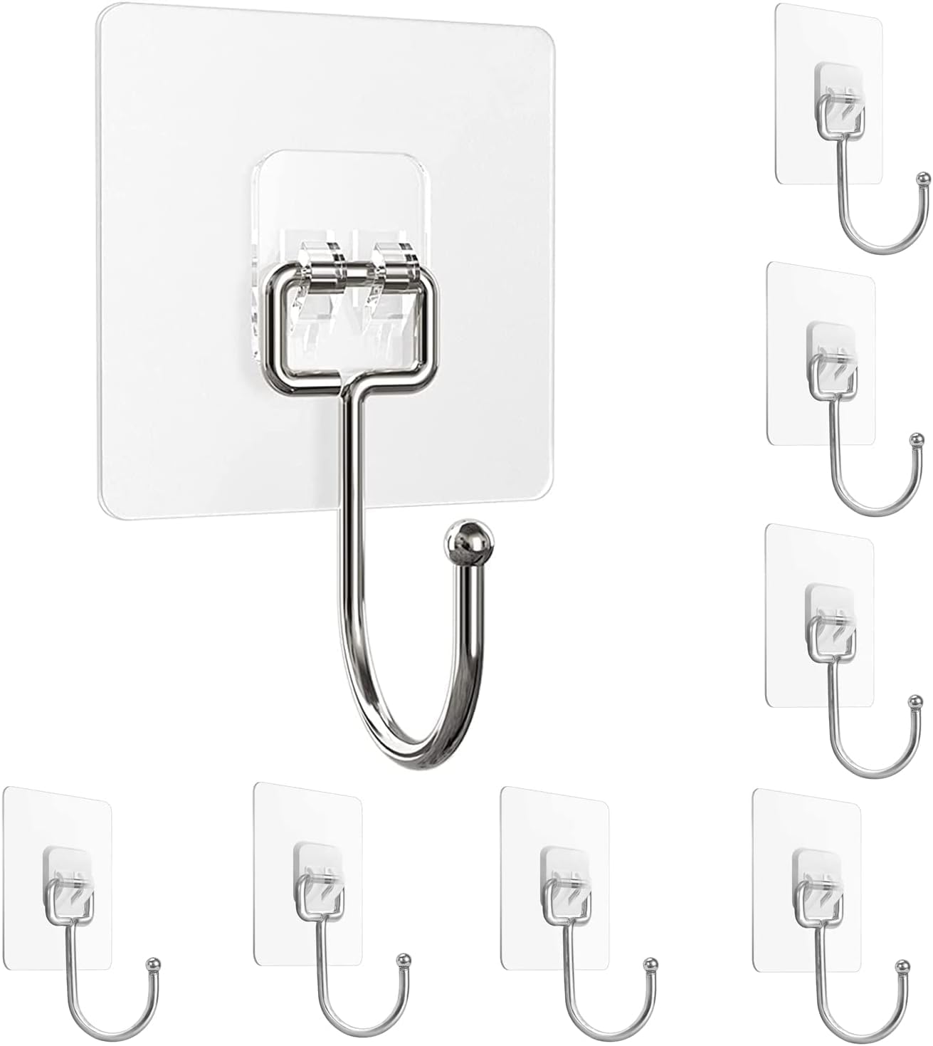 8 Pack Large Adhesive Hooks 22Ib(Max),Waterproof and Rustproof Wall Hooks for Hanging Heavy Duty,Stainless Steel Towel and Coats Hooks to use Inside Kitchen Bathroom Home and Office