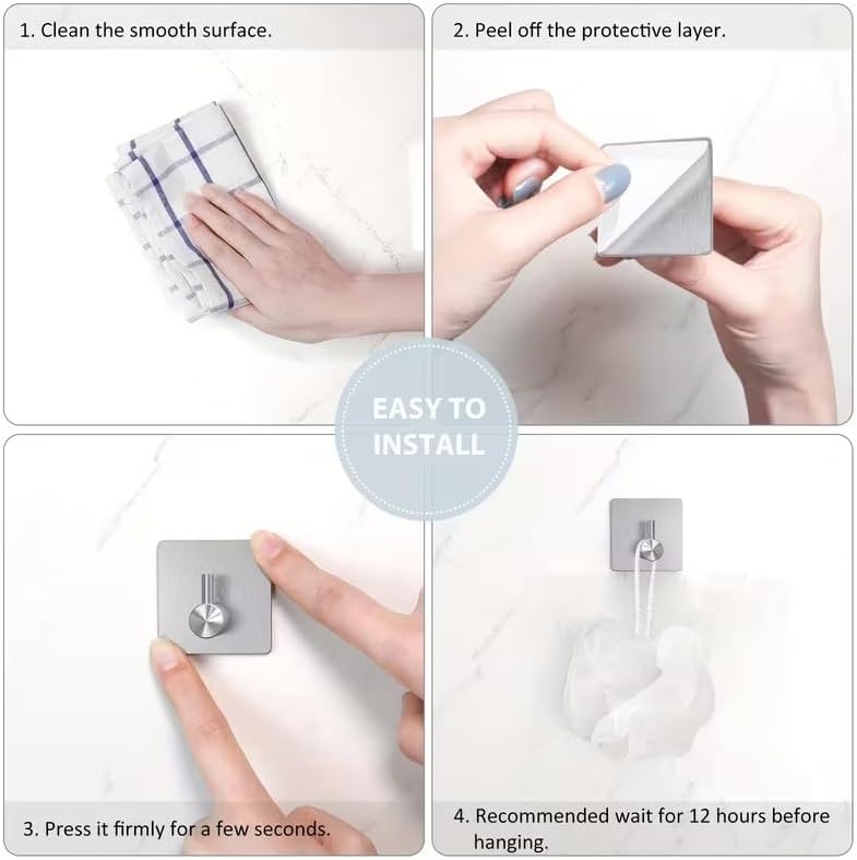 4pcs, Adhesive Heavy Duty Wall Hooks, Waterproof Stainless Steel Hooks, Wall Mount, Silvery