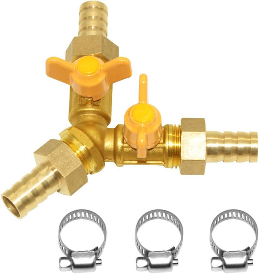 Beduan 3 Way Shut Off Ball Valve, 3/8" Hose Barb 2 Switch Brass Y Shaped Valve
