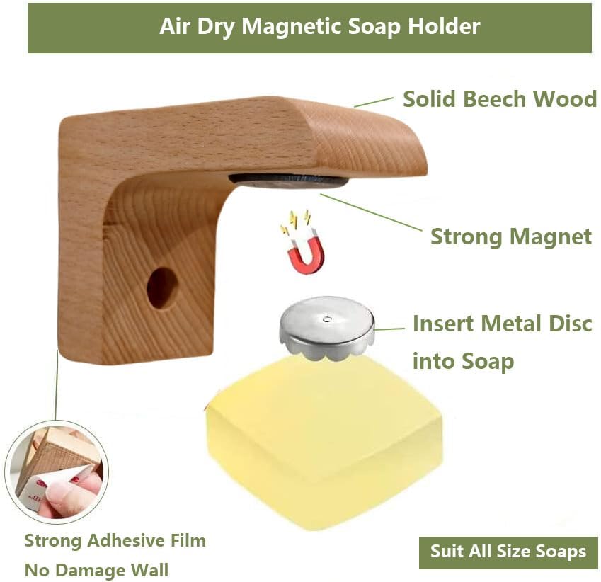 2sets Wood Magnetic Bar Soap Holder for Shower Wall,Magnet Air Dry Soap Saver Self Draining, Eco-Friendly Wooden Soap Dish for Soaps & Beard Shampoo Bars