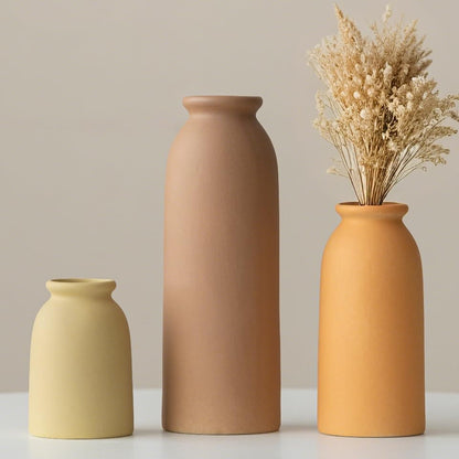 Ceramic Vase Set-3, Small Flower Vases for Decor, Modern Boho Farmhouse Style, Decorative Vases for Pampas Grass & Dried Flowers, Distressed Finish (Beige)