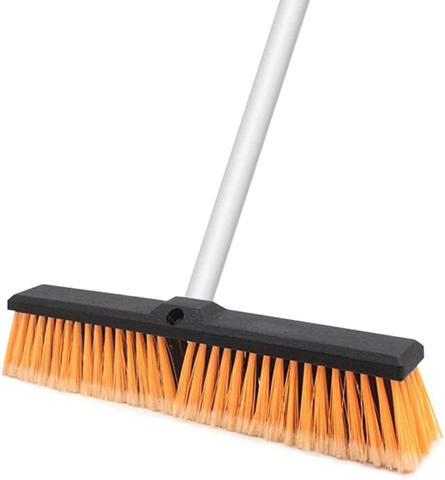 18" Push Broom Outdoor Heavy Duty with Stiff Bristles, Shop Broom with 63" Long Handle, Snow Broom Garage Push Broom for Concrete Wood Scrub Brush for Cleaning Shop Garage Deck Patio Driveway (Orange)