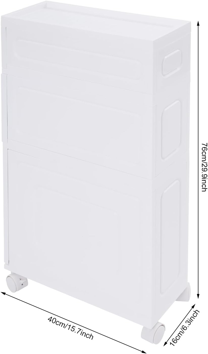 Narrow Bathroom Storage Cabinet with Drawers, 5.5" Slim Floor Standing Rolling Cart on Lockable Wheels, PP Unit with Toilet Paper Holder for Small Space, Kitchen, Laundry Room (3 Tier)