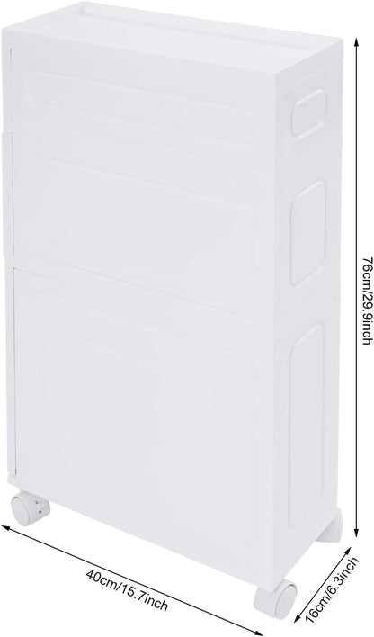 Narrow Bathroom Storage Cabinet with Drawers, 5.5" Slim Floor Standing Rolling Cart on Lockable Wheels, PP Unit with Toilet Paper Holder for Small Space, Kitchen, Laundry Room (3 Tier)