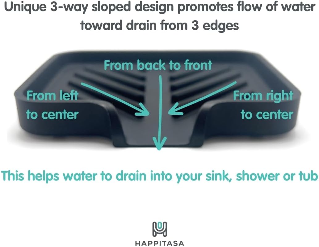 Silicone Soap Dish Tray and Sponge Holder with Drain Chute and Feet | 3-Way Sloped Design | Bathroom and Kitchen Sink Organizer Caddy (Black, 10"x4", 7.8 Ounces)