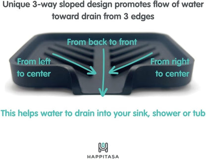 Silicone Soap Dish Tray and Sponge Holder with Drain Chute and Feet | 3-Way Sloped Design | Bathroom and Kitchen Sink Organizer Caddy (Black, 10"x4", 7.8 Ounces)