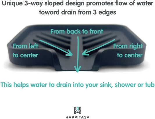 Silicone Soap Dish Tray and Sponge Holder with Drain Chute and Feet | 3-Way Sloped Design | Bathroom and Kitchen Sink Organizer Caddy (Black, 10"x4", 7.8 Ounces)