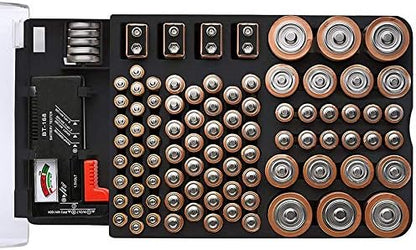 The Battery Storage Case,Organizer with Hinged Clear Cover, with Battery Tester, Holds 93 Batteries Various Sizes, Black, 500036371A2
