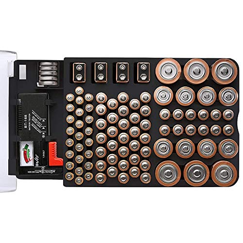 The Battery Storage Case,Organizer with Hinged Clear Cover, with Battery Tester, Holds 93 Batteries Various Sizes, Black