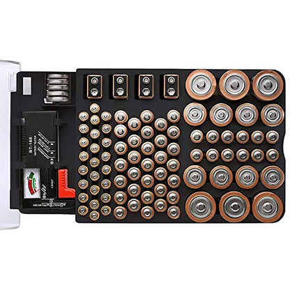 The Battery Storage Case,Organizer with Hinged Clear Cover, with Battery Tester, Holds 93 Batteries Various Sizes, Black