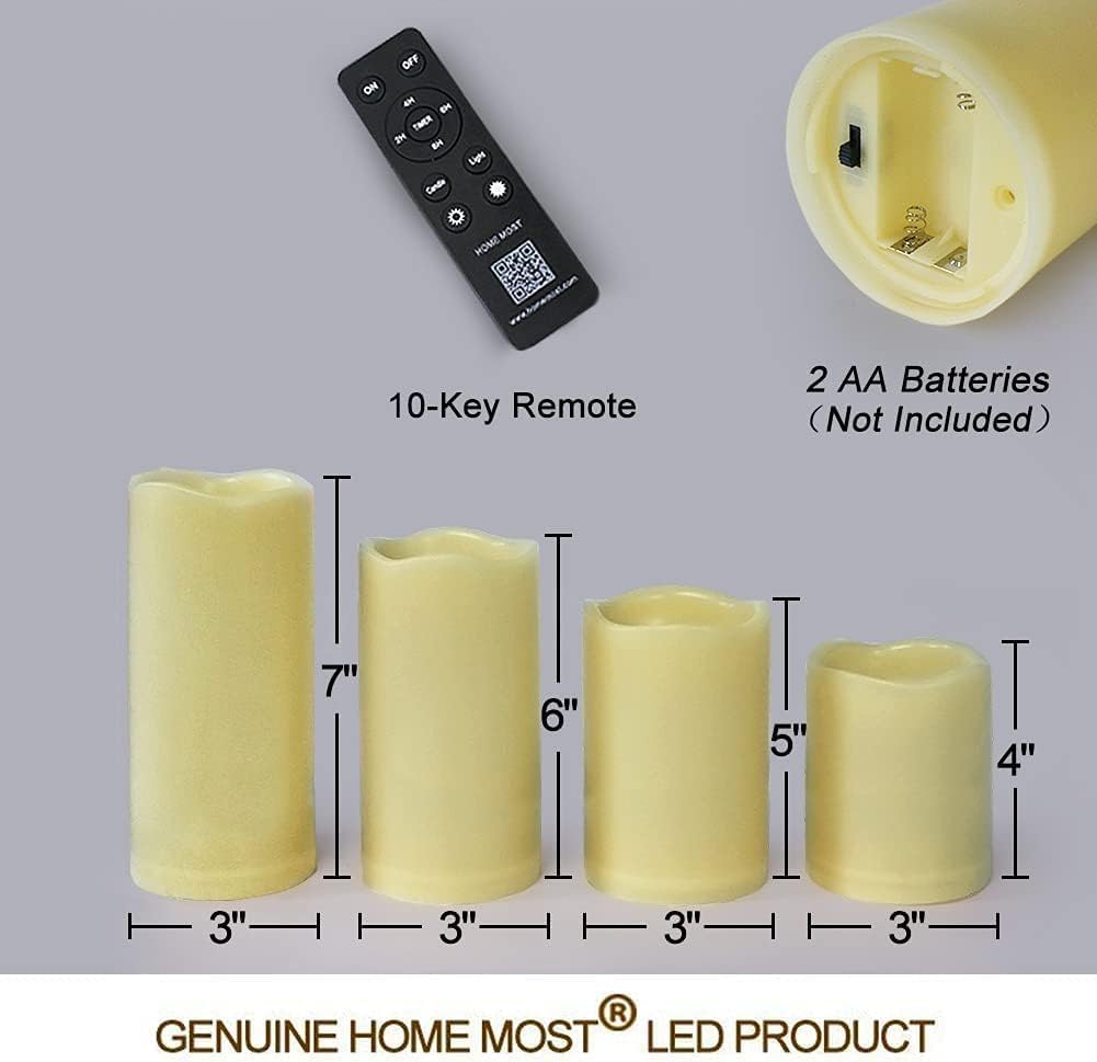 Set of 4 White Outdoor LED Pillar Candles 3x4 3x5 3x6 3x7 with Timer and Remote - IP65 Waterproof Battery Operated LED Pillar Candles - Flickering Flameless Pillar Candles Unscented Outside