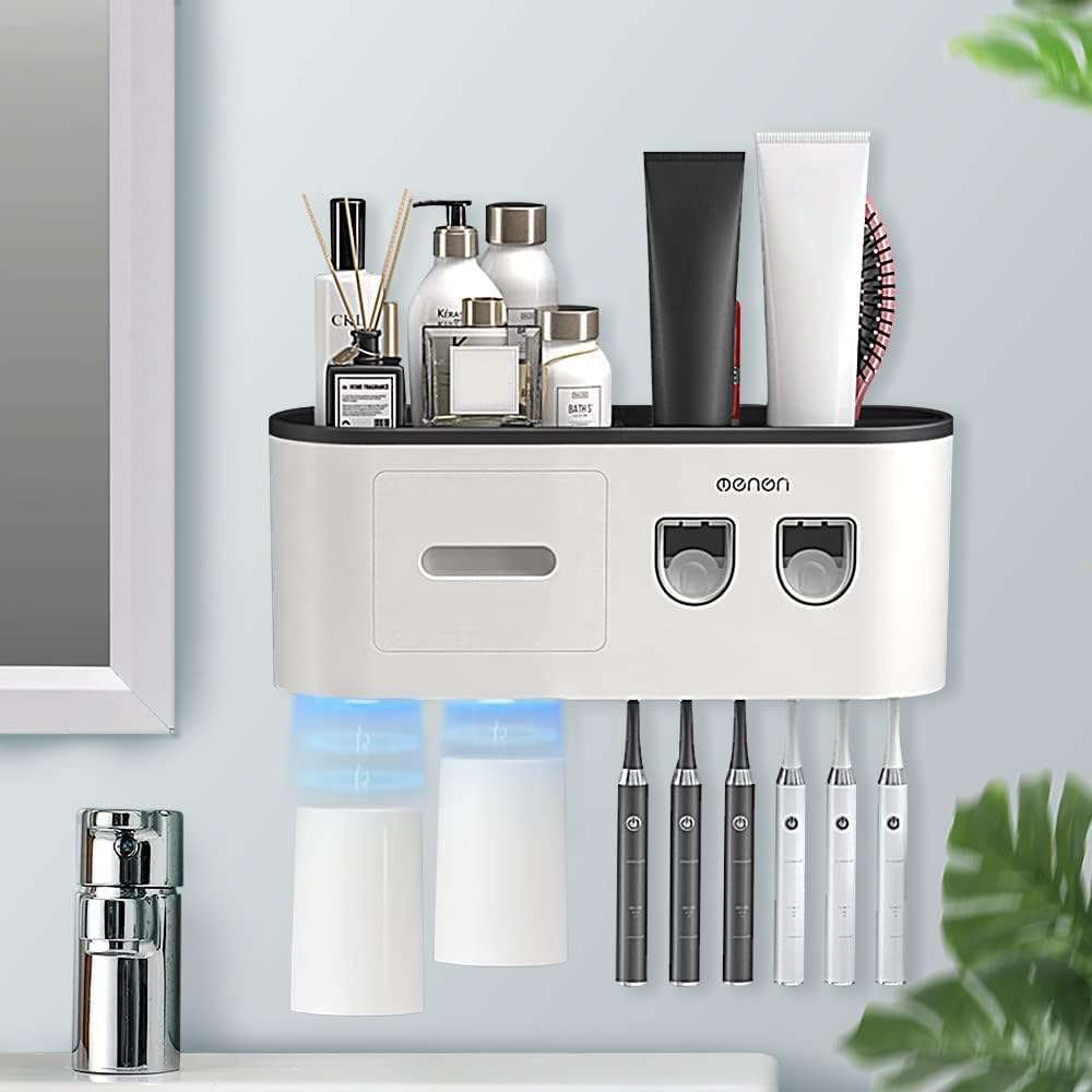 Toothbrush Holders for Bathrooms Wall Mounted, 6 Slot Toothbrush Holder with 2 Automatic Toothpaste Dispensers, 2 Magnetic Cups, Large Capacity Bathroom Organizer, Wall Storage with Drawer