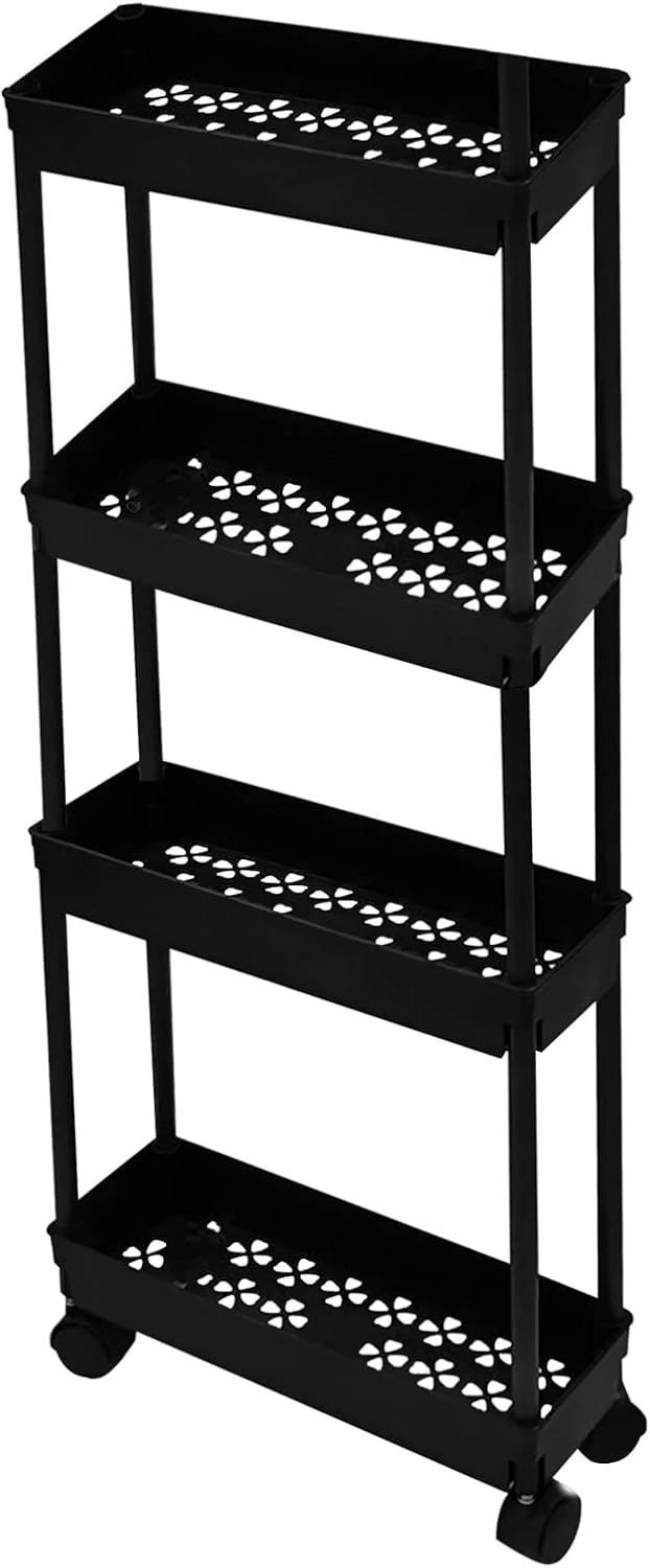 4 Tier Kitchen Bathroom Storage Rolling Cart 39 Inches Tall Slim Utility Rolling Shelf Cart with Wheels Coner Storage Shelves Cart, Black