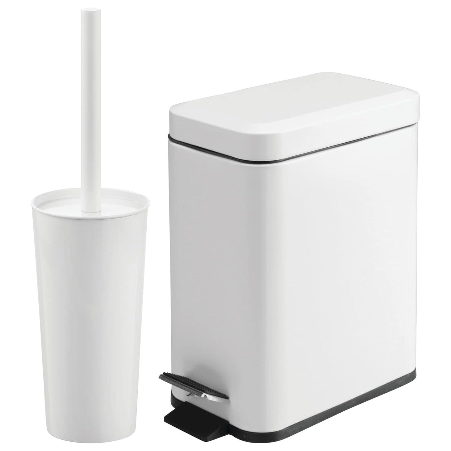 mDesign Metal Freestanding Slim Toilet Bowl Brush and Holder + Rectangle Narrow 5 Liter / 1.3 Gallon Step Pedal Trash Can Wastebasket for Bathroom - Small, Compact Design - Set of 2 - Brushed/Chrome