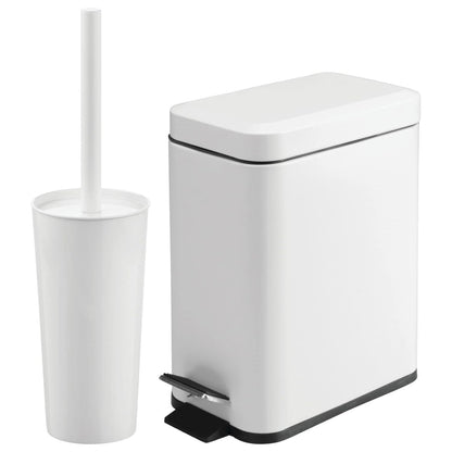 mDesign Metal Freestanding Slim Toilet Bowl Brush and Holder + Rectangle Narrow 5 Liter / 1.3 Gallon Step Pedal Trash Can Wastebasket for Bathroom - Small, Compact Design - Set of 2 - Brushed/Chrome