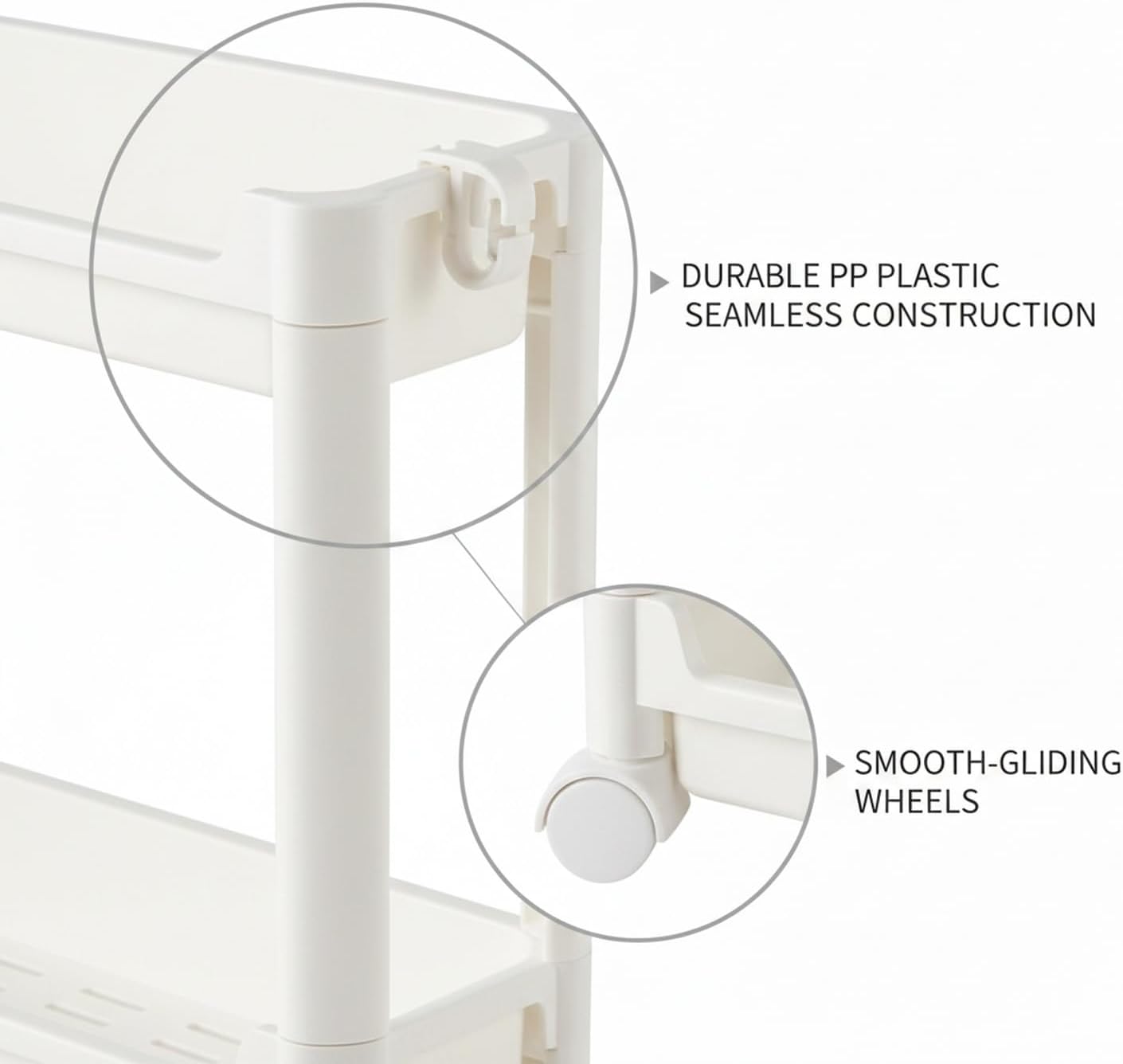 Slim Rolling Storage Cart, White | Plastic Utility Organizer, With Wheels, For Narrow Gaps, Kitchen and Bathroom