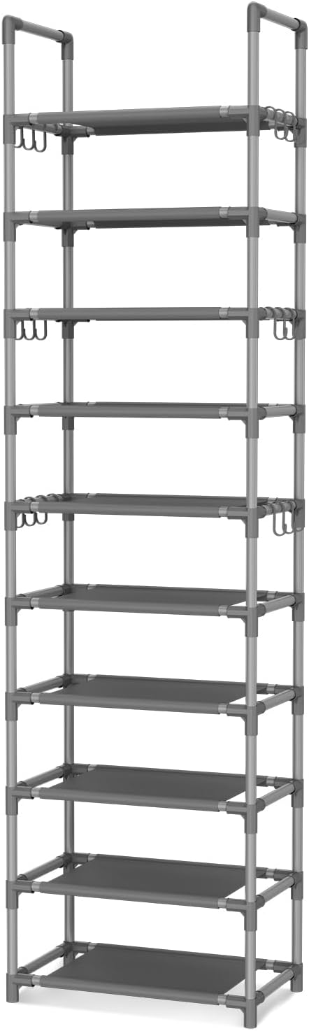 VTRIN 10 Tiers Tall Shoe Rack Holds 20-25 Pairs of Shoes Sturdy Vertical Shoe Organizer with 18pcs Hooks Stackable Narrow Shoe Rack for Closet, Entryway Black