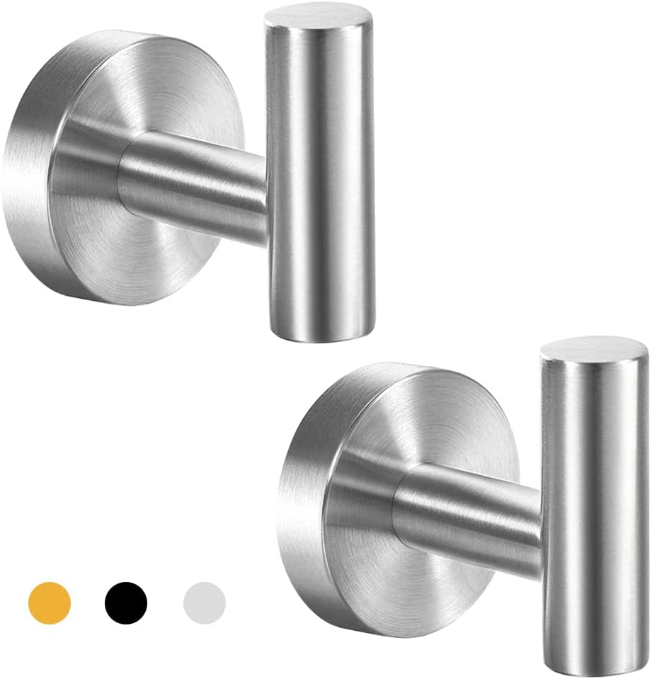 Vuzvuv Adhesive Hooks White SUS304 Stainless Steel - Self Adhesive Heavy Duty Waterproof Wall Hooks for Towel, Coat, Robe in Bathrooms Kitchen Hotel (2-Pack)