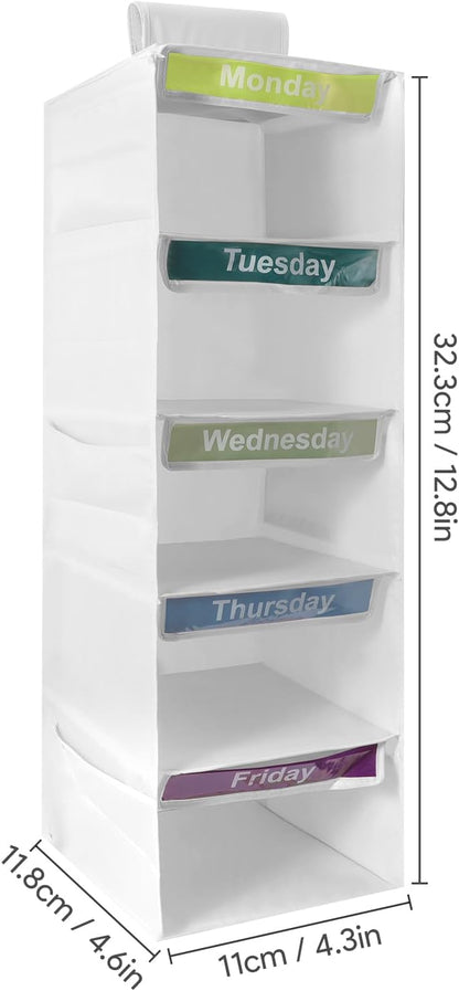 5-Shelf Weekly Clothes Organizer for Kids Days of The Week Hanging Storage Shelves Dorm Room Essential Daily Shelf Hanging Closet Organizer with 6 Side Pockets…