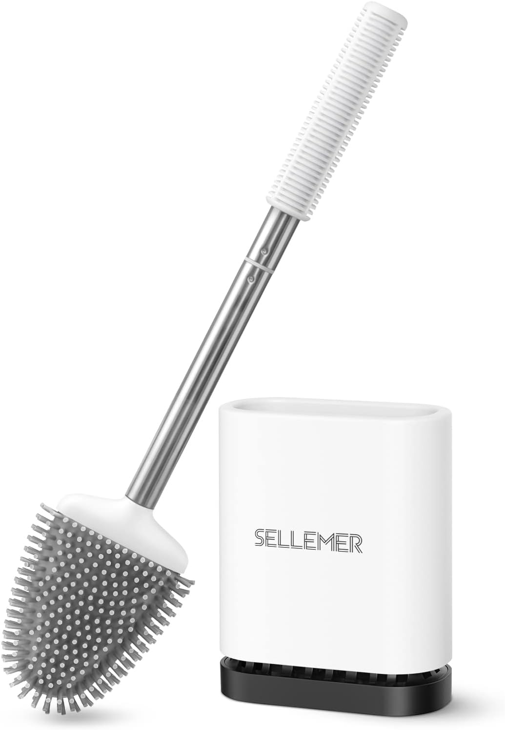 Sellemer Toilet Brush and Holder Set - Flexible Toilet Bowl Brush Head with Silicone Bristles, Compact Size for Storage and Organization, Ventilation Slots Base (1 Pack, Silver)
