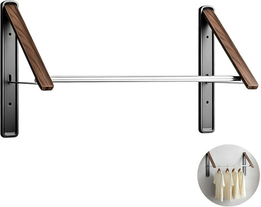 Wall Mounted Retractable Clothes Drying Rack, Walnut Foldable Hanger, Space Saving Laundry Organizer with 2 Brackets and 1 Rod, Ideal for Laundry Room, Dorm, Closet & Balcony
