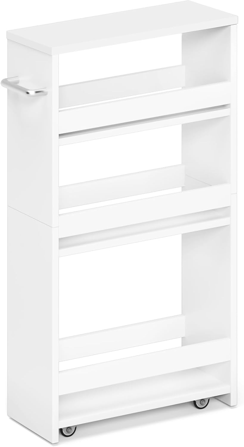 MARTY Slim Rolling Storage Cart 4-Tier Kitchen Cart with Wheels, Laundry Room Storage with Handle Slide Out Utility Cart Shelving Unit Organizer Trolley for Narrow Places Bathroom Small Corner, Black