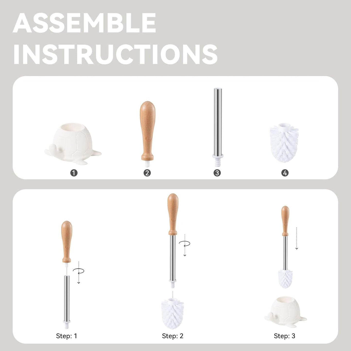 Toilet Brush and Holder Set, Ceramic Turtle Base Toilet Brush Set - 7.5” Bowl Cleaner, Toilet Scrubber Brush with Ergonomic Handle (Silver)