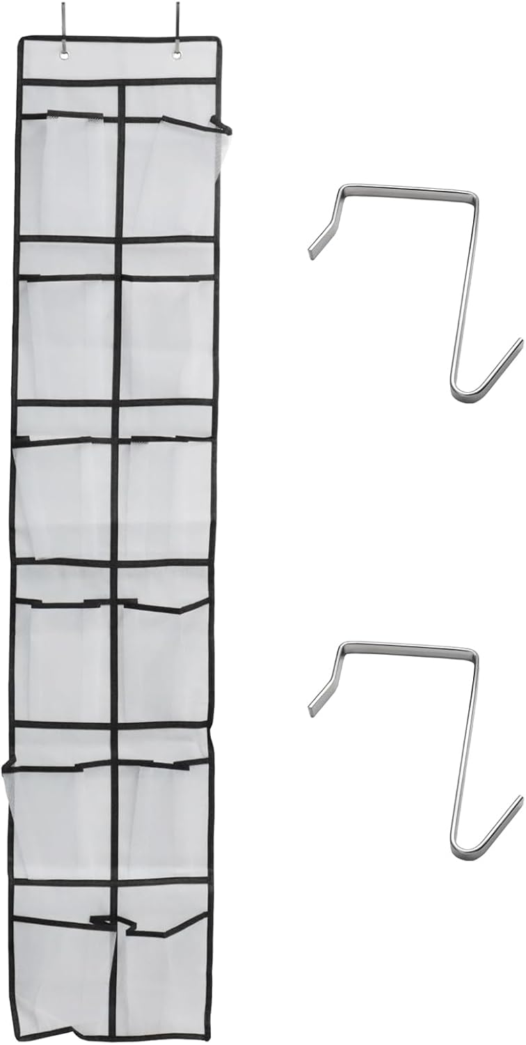 Over the Door Shoe Organizer, 12 Mesh Pockets Hanging Shoe Organizer with 4 Metal Hooks (Black)