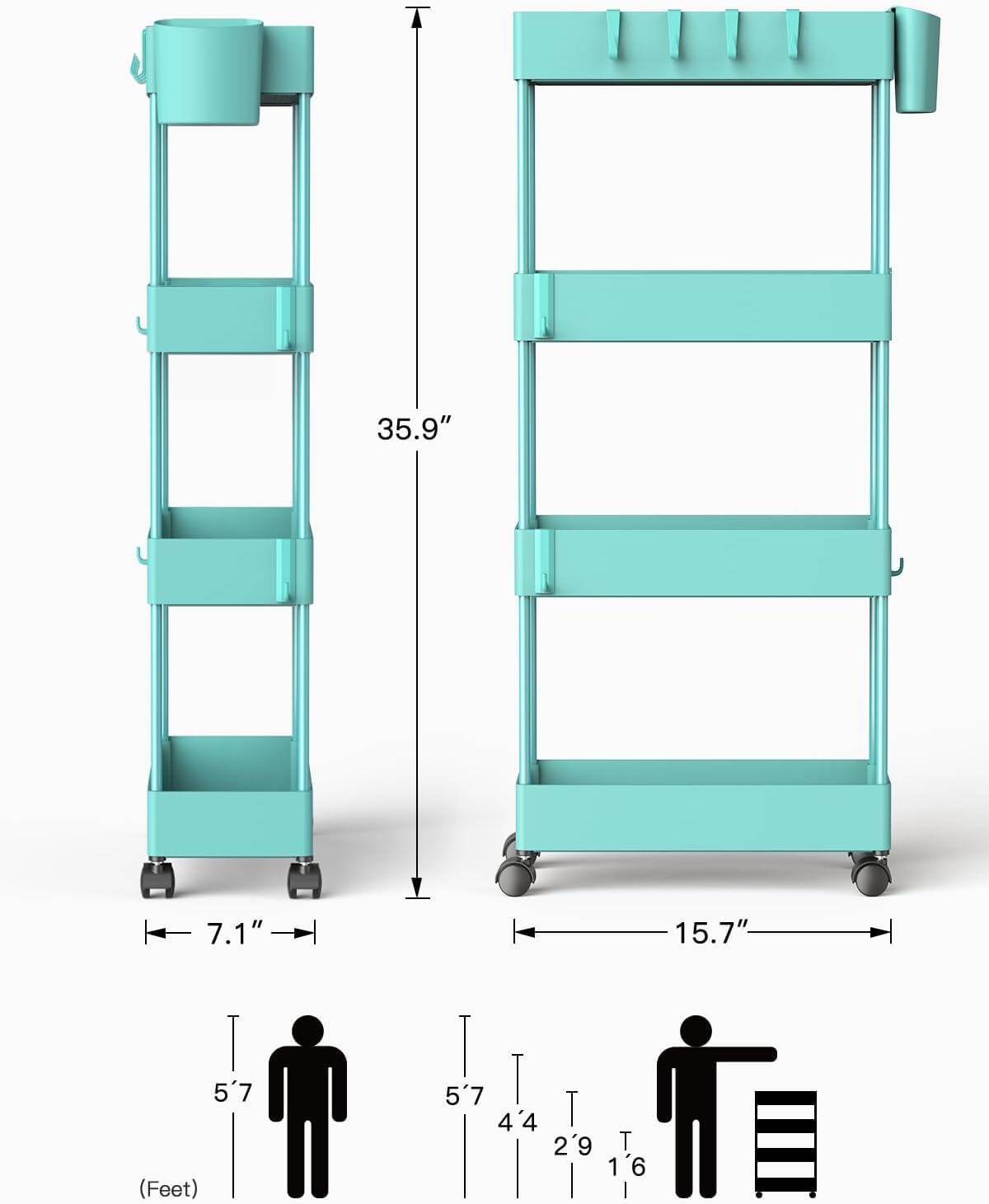 Pipishell Slim Storage Cart with Wheels - Bathroom Cart Organizer Storage, 4 Tier Rolling Carts for Bathroom, Laundry Room, Kitchen, Narrow Space, Black PIUC05