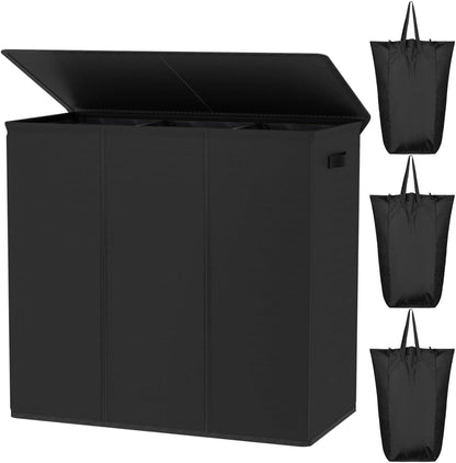 WOWLIVE 180L Laundry Hamper with Lid 3 Section,Large Laundry Basket with Removable Bags and Handles,Collapsible Dirty Clothes Hampers for Laundry,Laundry Basket Organizer for Laundry Room,Dorm,Beige