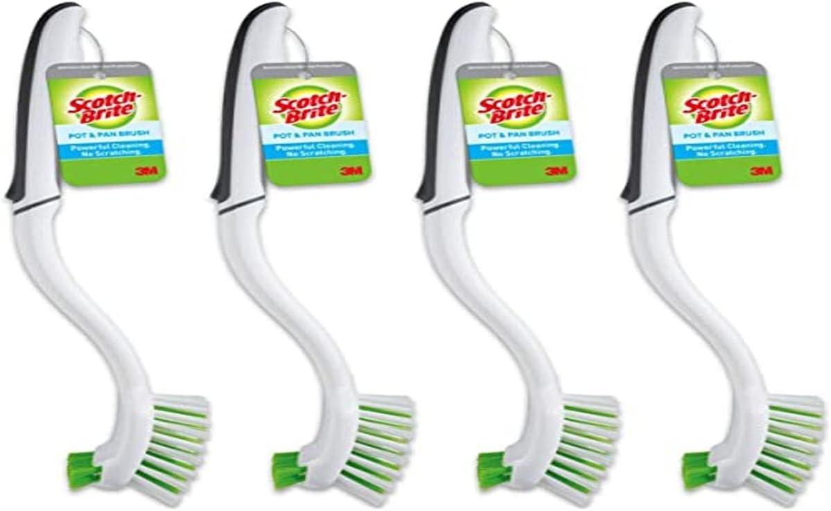 Scotch-Brite Pot + Pan Brush, Durable and Long Lasting Dish Brush with Handle for Scrubbing Stainless Steel, Outdoor Furniture, and Sinks without Scratching, Antimicrobial, and Rinses Clean