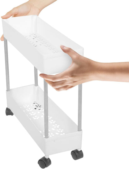 Housoutil Slim Rolling Storage Cart, 2-Tier Mobile Shelving Unit, White Plastic and Iron Trolley Rack for Kitchen, Bathroom, Office, Laundry Room, 15.74 X 15.74 X 5.11 Inches