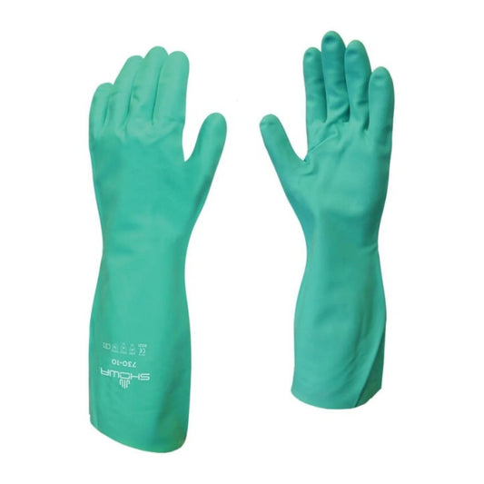 SHOWA 730 Chemical Resistant Gloves, 15-mil Nitrile with Cotton Flock Liner, 13-inch Extended Gauntlet, Bisque Grip, CE Cat III & Food Safe, Green, X-Large, 1 Pair