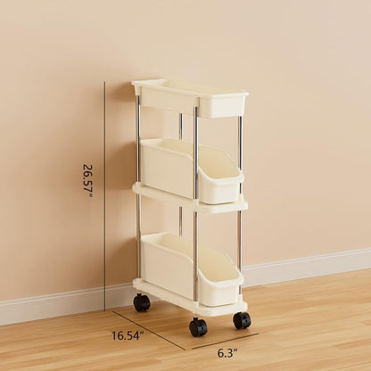 Slim Storage Cart 3 Tier Slim Rolling Utility Cart with Pull-Out Baskets & Wheels for Narrow Space in Kitchen Dining Room Bathroom Laundry Room Cream White (Width 6.3 Inches)