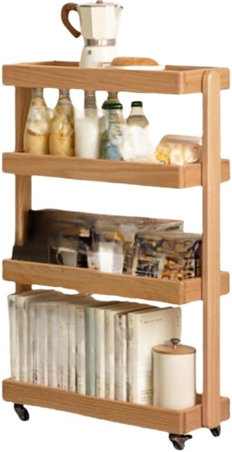 Tea Cart, Storage Rack, Rolling Cart with 4 Tiered Storage, Storage Cart with Universal Wheels and Heightened and Widened Columns, Utility Wood Cart for Bedrooms, Living Rooms(Beige,15.8x7.9x31.9in)