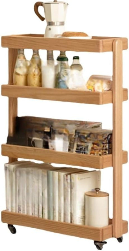 Tea Cart, Storage Rack, Rolling Cart with 4 Tiered Storage, Storage Cart with Universal Wheels and Heightened and Widened Columns, Utility Wood Cart for Bedrooms, Living Rooms(Beige,15.8x7.9x31.9in)