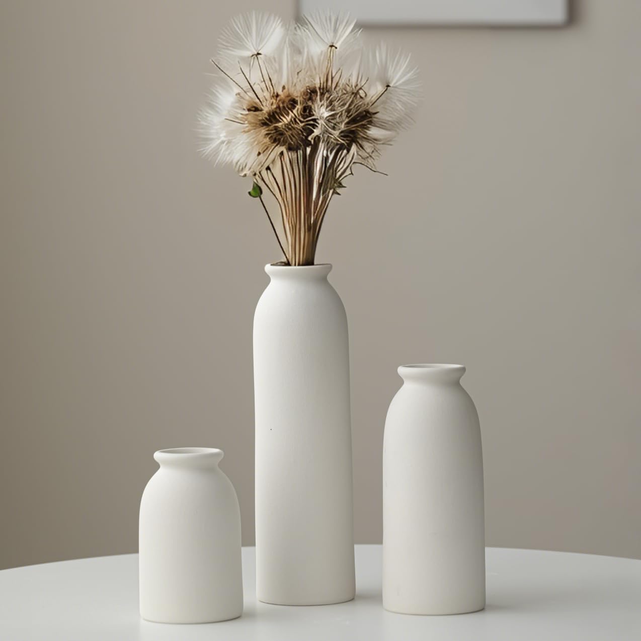 Ceramic Vase Set-3, Small Flower Vases for Decor, Modern Boho Farmhouse Style, Decorative Vases for Pampas Grass & Dried Flowers, Distressed Finish (Beige)
