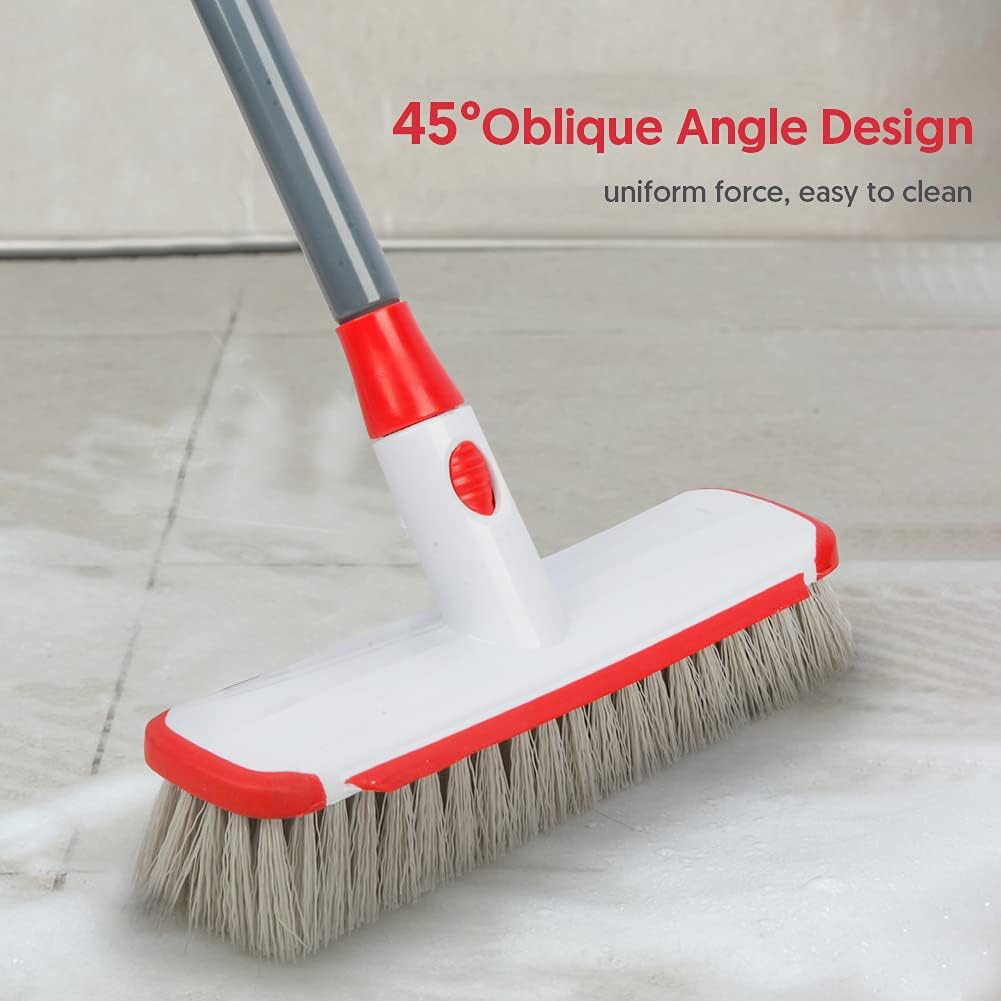 Floor Scrubber with Long Handle, 2 in 1 Scrubbing Brush Stiff Bristle Shower Cleaning Brush for Bathroom, Kitchen, Tub, Carpet, Grout, Tile(Red)
