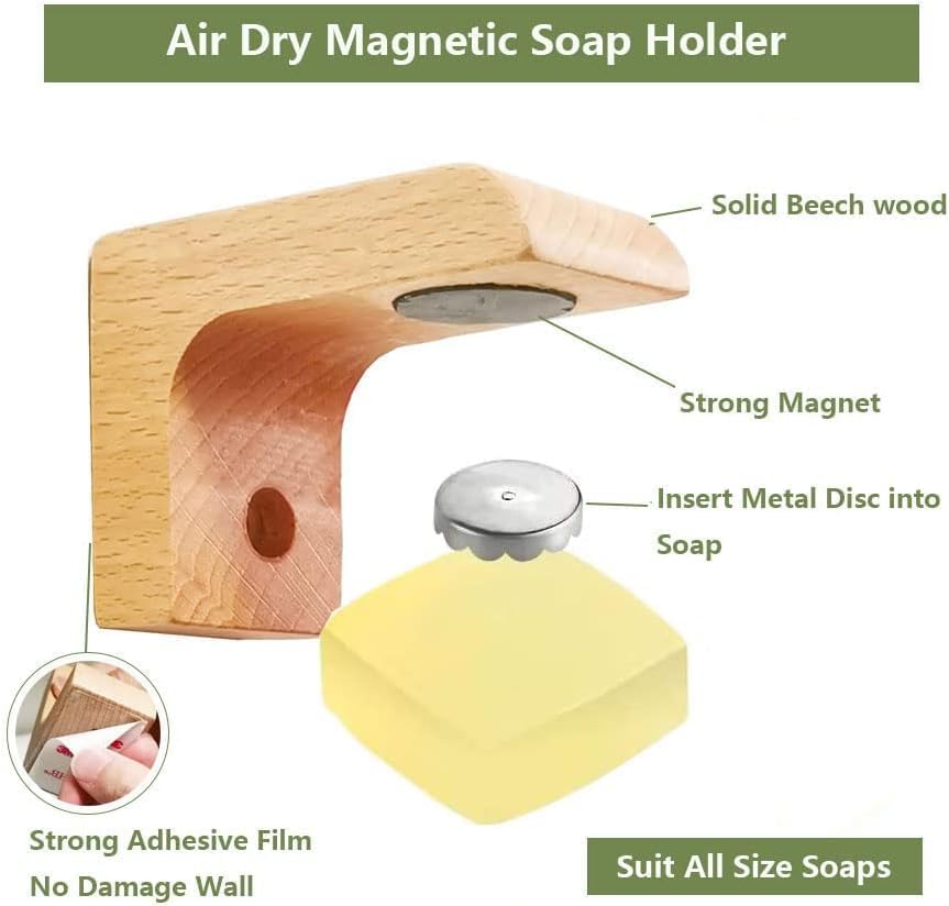 2sets Wood Magnetic Bar Soap Holder for Shower Wall,Magnet Air Dry Soap Saver Self Draining, Eco-Friendly Wooden Soap Dish for Soaps & Beard Shampoo Bars